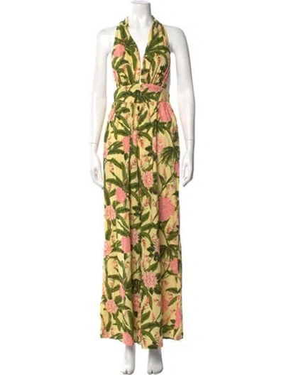 Pre-owned Agua Bendita Printed V-neck Jumpsuit In Green