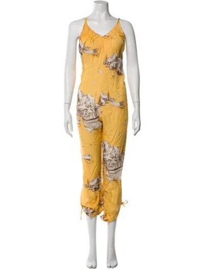 Pre-owned Agua Bendita Printed V-neck Jumpsuit In Yellow