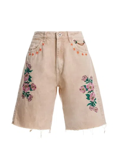 Agua Bendita Rainy Embroidered Frayed Shorts In Neutral