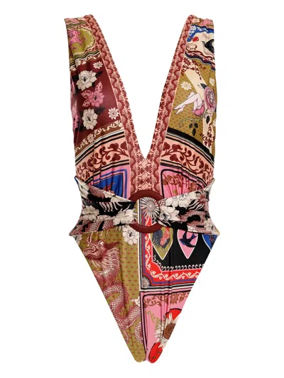 Agua Bendita V-neck Patchwork-print Belted Swimsuit In Multi