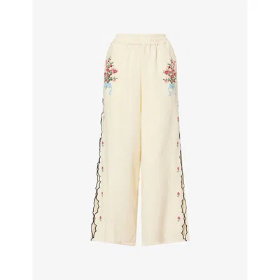 Agua Bendita Womens Multicolor Lilia Floral-embroidered Cotton Trousers In Yellow