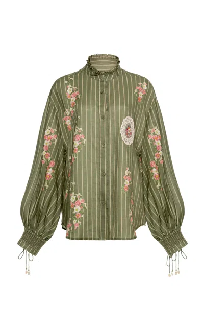 Agua By Agua Bendita Abadia Paraiso Embroidered Linen Shirt In Green