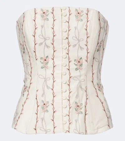 Agua By Agua Bendita Abelia Floral Embroidered Linen Corset In White