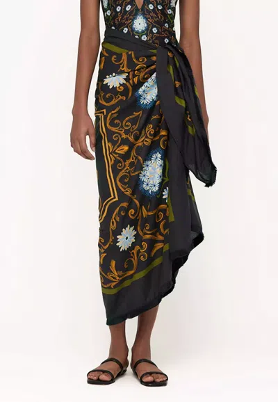 Agua By Agua Bendita Agua Bendita Beach Wrap Skirt In Blue/black | Floral Printed Sarong, Fringe Trim, Pouch Included | W