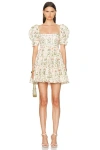 Agua By Agua Bendita Alaria Puff-sleeve Cotton Minidress In Ivory  Green  & Pink