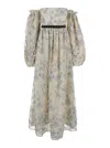 Agua By Agua Bendita Alheli Blue Long Dress With Bardot Neckline And All-over Printed Floral Motif In Linen Woman In Blue