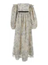 Agua By Agua Bendita Alheli Blue Long Dress With Bardot Neckline And All-over Printed Floral Motif In Linen Woman In Blu