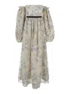 Agua By Agua Bendita Alheli Blue Long Dress With Bardot Neckline And All-over Printed Floral Motif In Linen Woman In Blue
