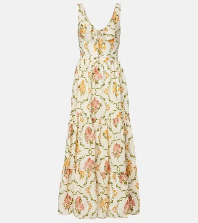 Agua By Agua Bendita Azulejo Embellished Floral Linen Maxi Dress In White