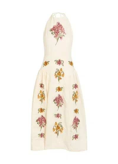 Agua By Agua Bendita Balsa Floral-embroidered Linen Midi Dress In Neutral