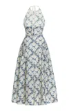 Agua By Agua Bendita Balsa Faux Pearl-embellished Printed Linen Halterneck Midi Dress In Blue