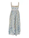 Agua By Agua Bendita Barbara Blue Long Dress With All-over Floral Embroidery In Linen Woman In Blue