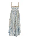 Agua By Agua Bendita Barbara Blue Long Dress With All-over Floral Embroidery In Linen Woman
