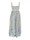 Agua By Agua Bendita Barbara Blue Long Dress With All-over Floral Embroidery In Linen Woman In Blu