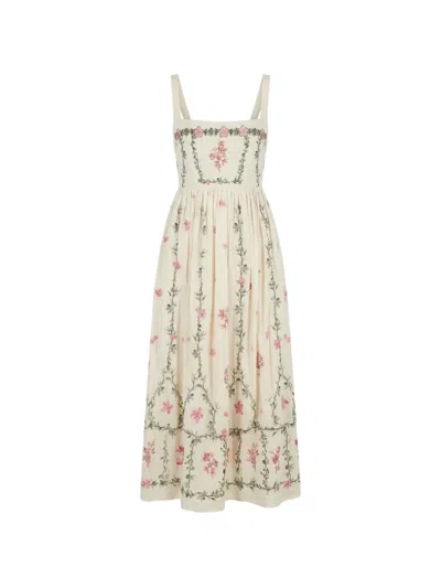 Agua By Agua Bendita Barbara Cauca Floral-embroidered Cotton Midi Dress In Neutral