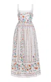 Agua By Agua Bendita Barbara Pleated Bead-embellished Floral-print Linen Midi Dress In White