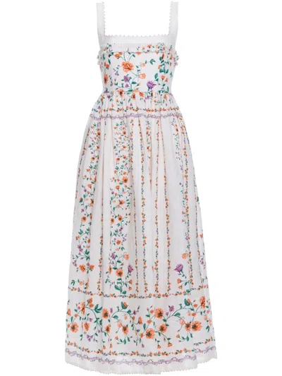 Agua By Agua Bendita Barbara Pleated Bead-embellished Floral-print Linen Midi Dress In White