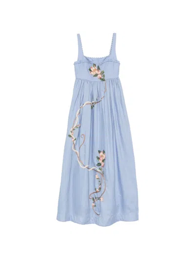 Agua By Agua Bendita Barbara Floral-embroidered Linen Maxi Dress In Blue