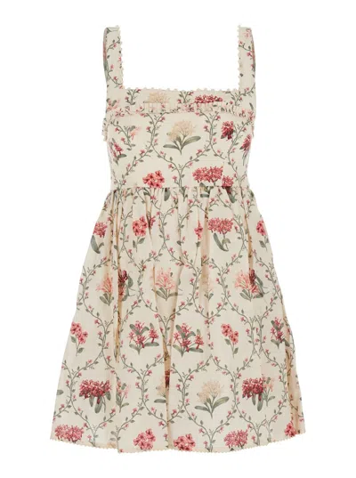 Agua By Agua Bendita Barbara Multicolor Short Dress With All-over Floral Embroidery In Linen Woman