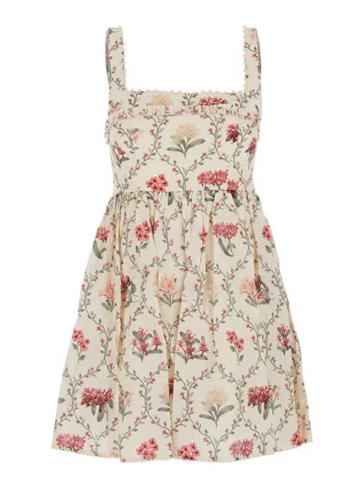 AGUA BY AGUA BENDITA 'BARBARA' MULTICOLOR SHORT DRESS WITH ALL-OVER FLORAL EMBROIDERY IN LINEN WOMAN
