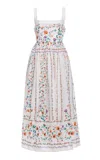 Agua By Agua Bendita Barbara Pleated Bead-embellished Floral-print Linen Midi Dress In Ivory
