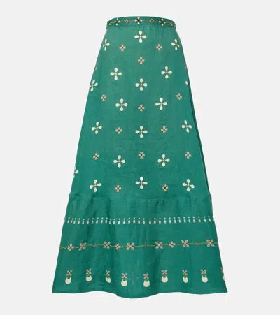 Agua By Agua Bendita Bel Mar Esmeralda Printed Linen Maxi Skirt In Green