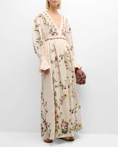 Agua By Agua Bendita Bosque Cultivo Floral Embroidered Linen Open-back Maxi Dress In Neutral