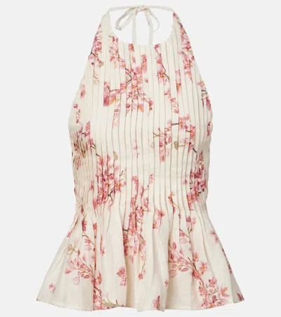 Agua By Agua Bendita Pleated Floral-printed Linen Blouse In Pink
