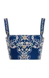 Agua By Agua Bendita Cacao Ribbons Printed Linen Top In Blue