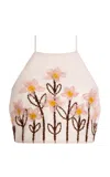 Agua By Agua Bendita Carlota Anhelo Embroidered Floral Linen Cropped Top In Multi