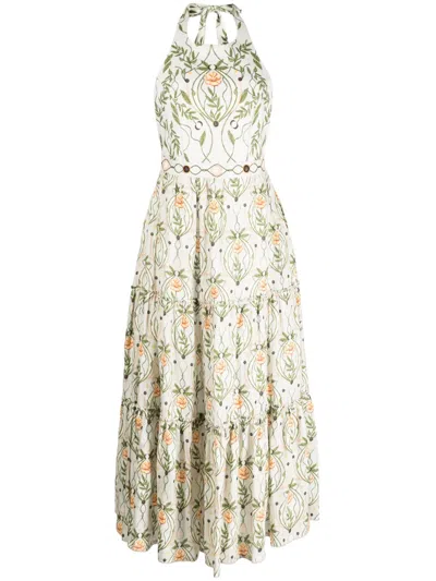 Agua By Agua Bendita Consuelo Lunar Floral-print Halterneck Dress In Green