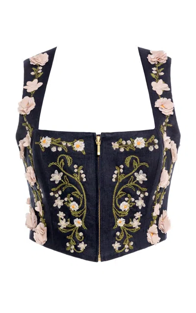 Agua By Agua Bendita Cornalina Valle Embroidered Linen Cropped Top In Animal Print