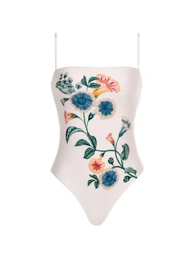 Agua By Agua Bendita Durazno Brisa Floral-embroidered Recycled Swimsuit In Neutral