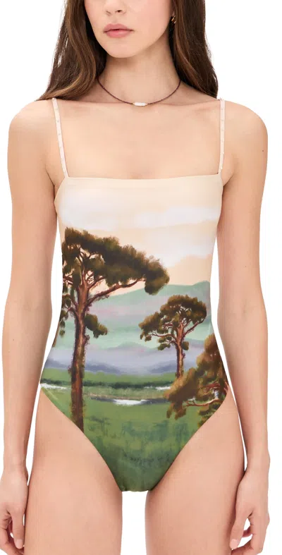 Agua By Agua Bendita Durazno Paraiso Faux Pearl-embellished Printed Stretch Recycled Swimsuit In Green