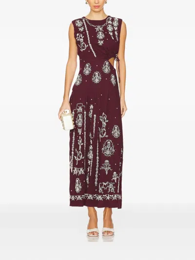 Agua By Agua Bendita Embroidered-flowers Cut-out Midi Dress In Burgundy