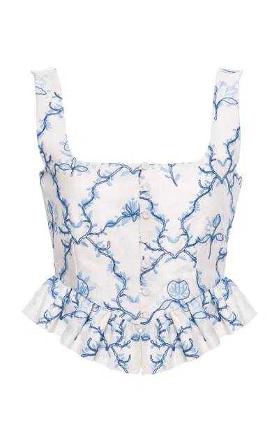 Agua By Agua Bendita Eslabon Embroidered Linen Top In White