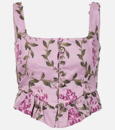 Agua By Agua Bendita Eslabon Floral Embroidered Linen Top In Wisteria