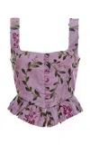 Agua By Agua Bendita Eslabon Floral Ruffled Linen Top In Multi/lilac