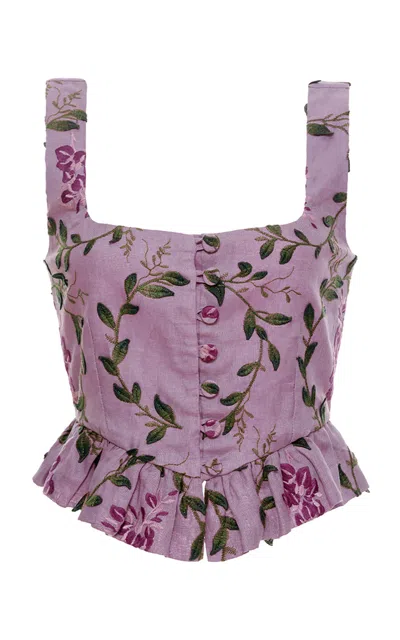 Agua By Agua Bendita Eslabon Floral Ruffled Linen Top In Multi/lilac