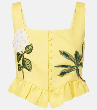 Agua By Agua Bendita Eslabón Floral-appliqué Linen Crop Top In Yellow