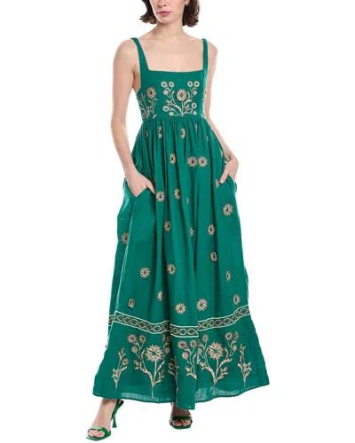 Agua By Agua Bendita Barbara Esmeralda Embroidered Linen Maxi Dress In Green