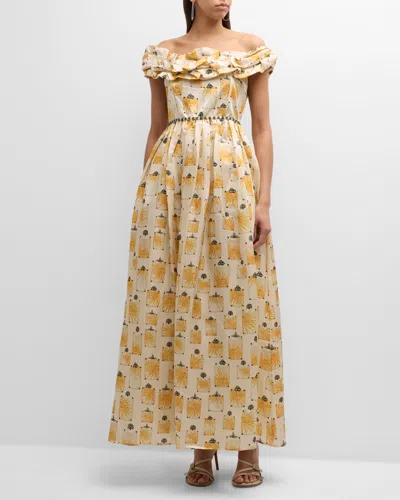 Agua By Agua Bendita Women's Espliego Bisuteria Floral Frill Off-the-shoulder Maxi Dress In Light Linen