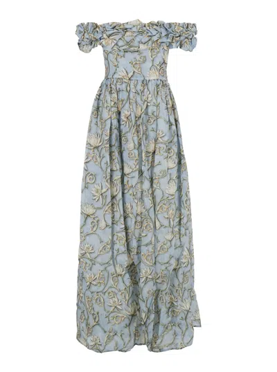 Agua By Agua Bendita Espliego Blue Long Dress With All-over Printed Floral Motif In Linen Woman