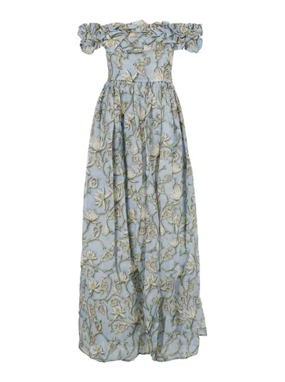 Agua By Agua Bendita 'espliego' Blue Long Dress With All-over Printed Floral Motif