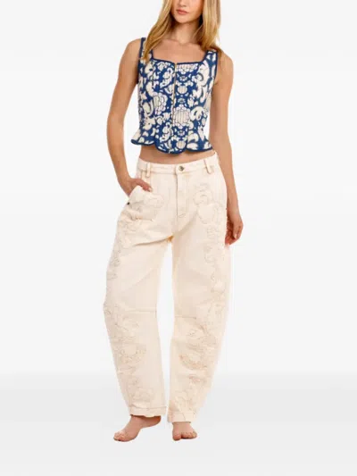 Agua By Agua Bendita Fallon Distressed Floral-embroidery Jeans In Neutral