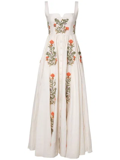 Agua By Agua Bendita Floral-embroidered Linen Midi Dress In White