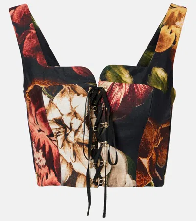 Agua By Agua Bendita Floral Linen Crop Top In Black