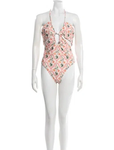 Pre-owned Agua By Agua Bendita Floral Print Beaded Accents One-piece W/ Tags In Pink