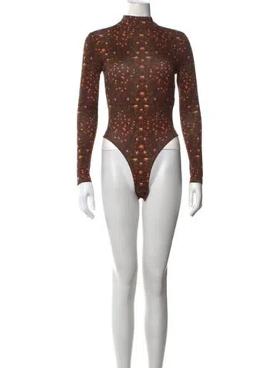 Pre-owned Agua By Agua Bendita Floral Print Mock Neck Bodysuit In Brown