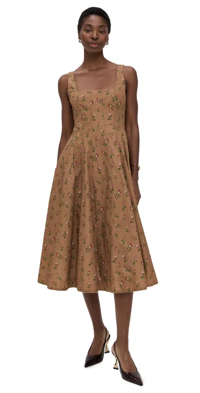 Agua By Agua Bendita Frontera Bead-embellished Floral-print Cotton Midi Dress In Brown